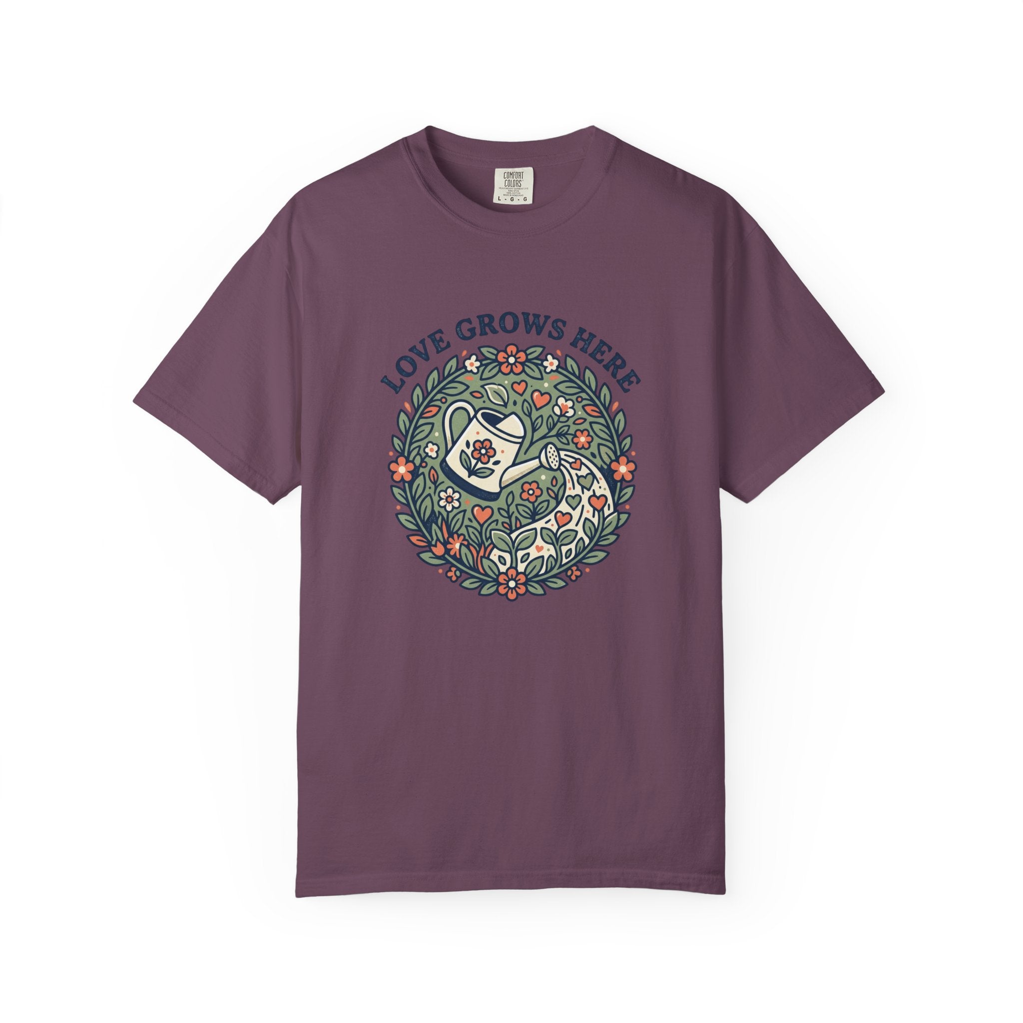 Love Grows Here T‑Shirt — Floral Garden Heart & Watering Can Tee