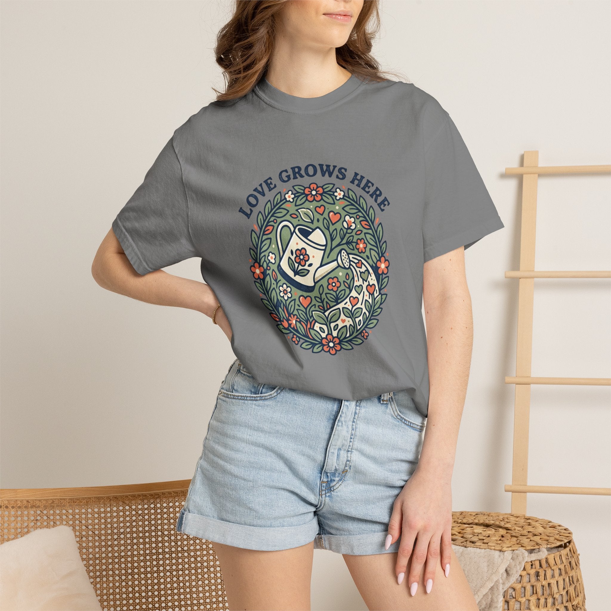 Love Grows Here T‑Shirt — Floral Garden Heart & Watering Can Tee