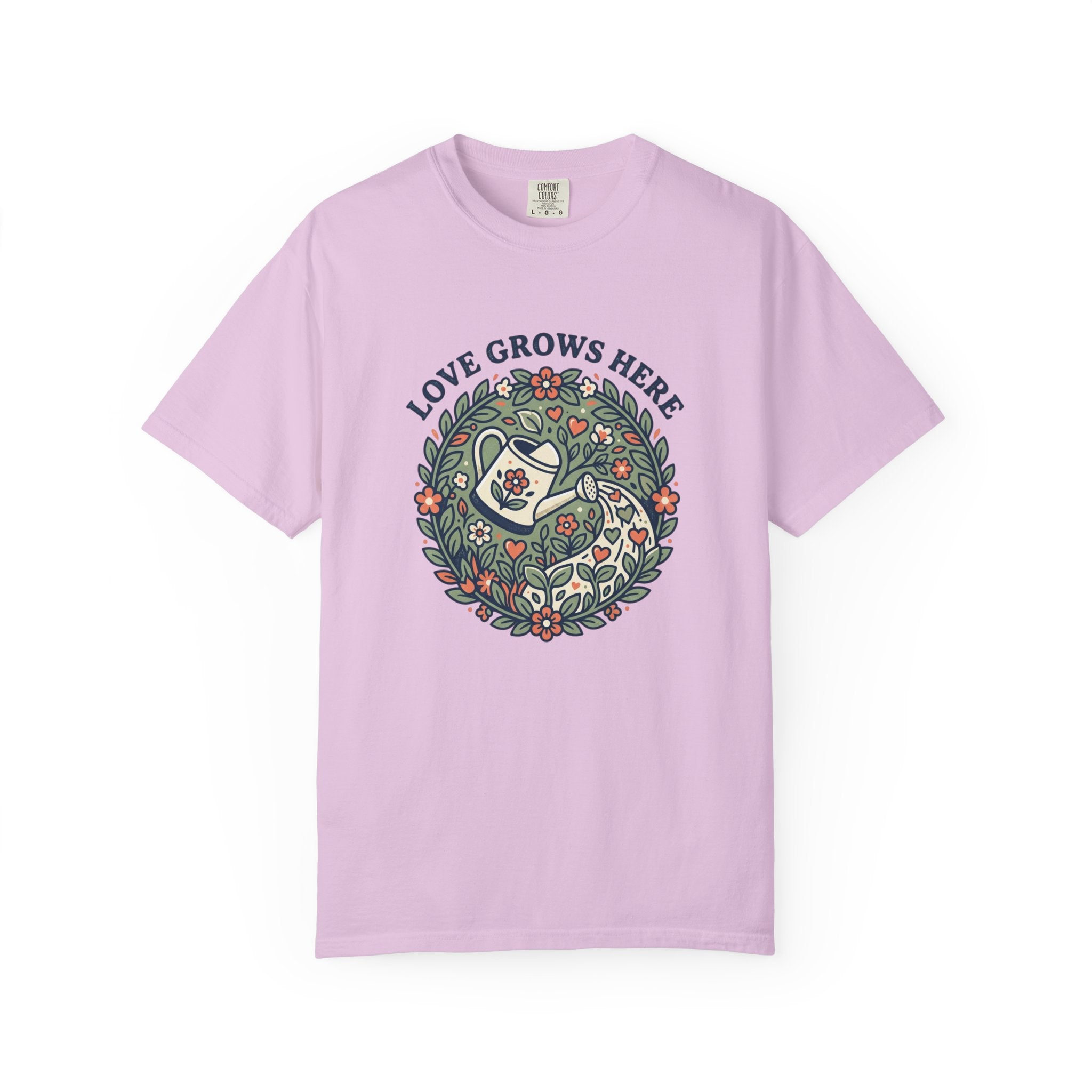 Love Grows Here T‑Shirt — Floral Garden Heart & Watering Can Tee