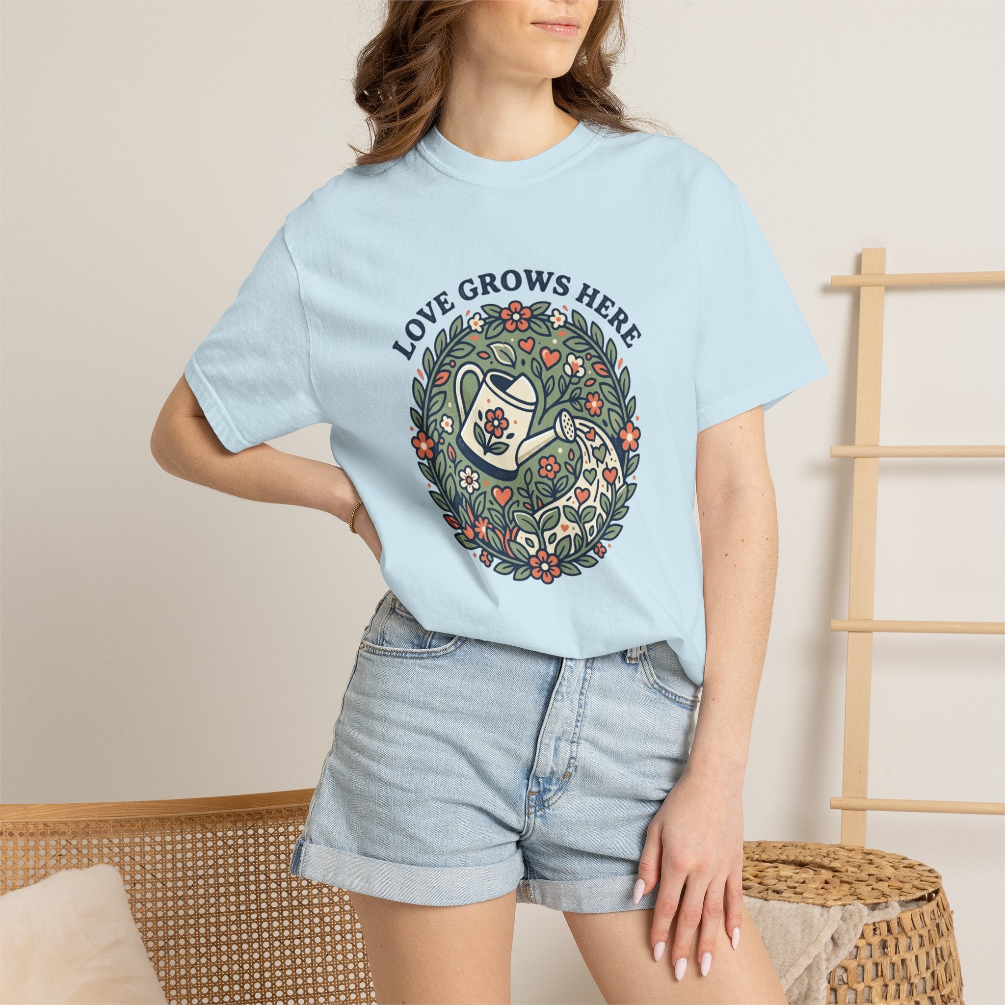 Love Grows Here T‑Shirt — Floral Garden Heart & Watering Can Tee
