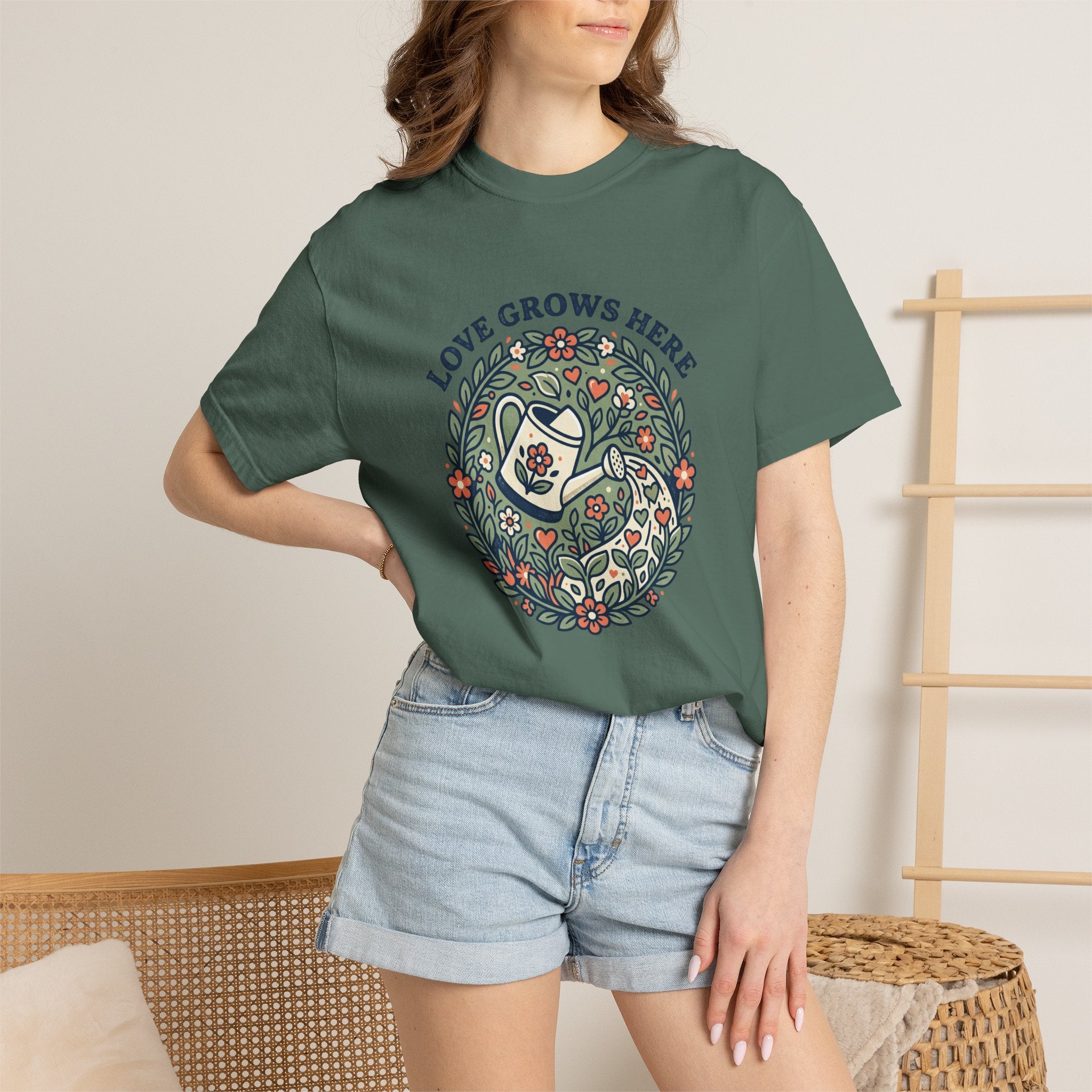 Love Grows Here T‑Shirt — Floral Garden Heart & Watering Can Tee