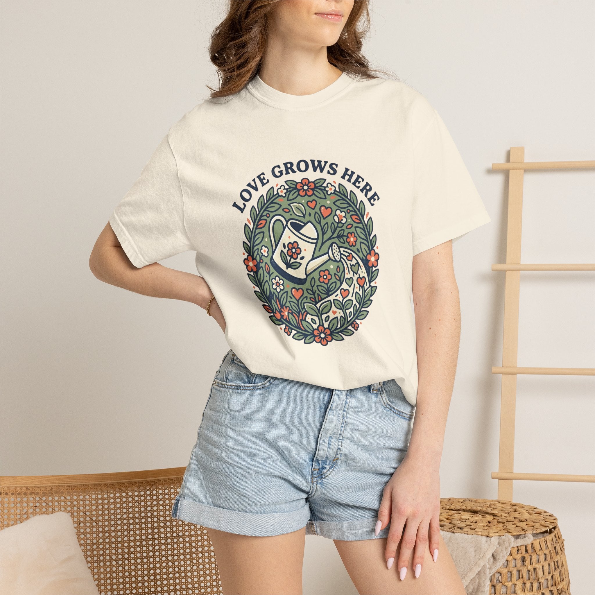 Love Grows Here T‑Shirt — Floral Garden Heart & Watering Can Tee