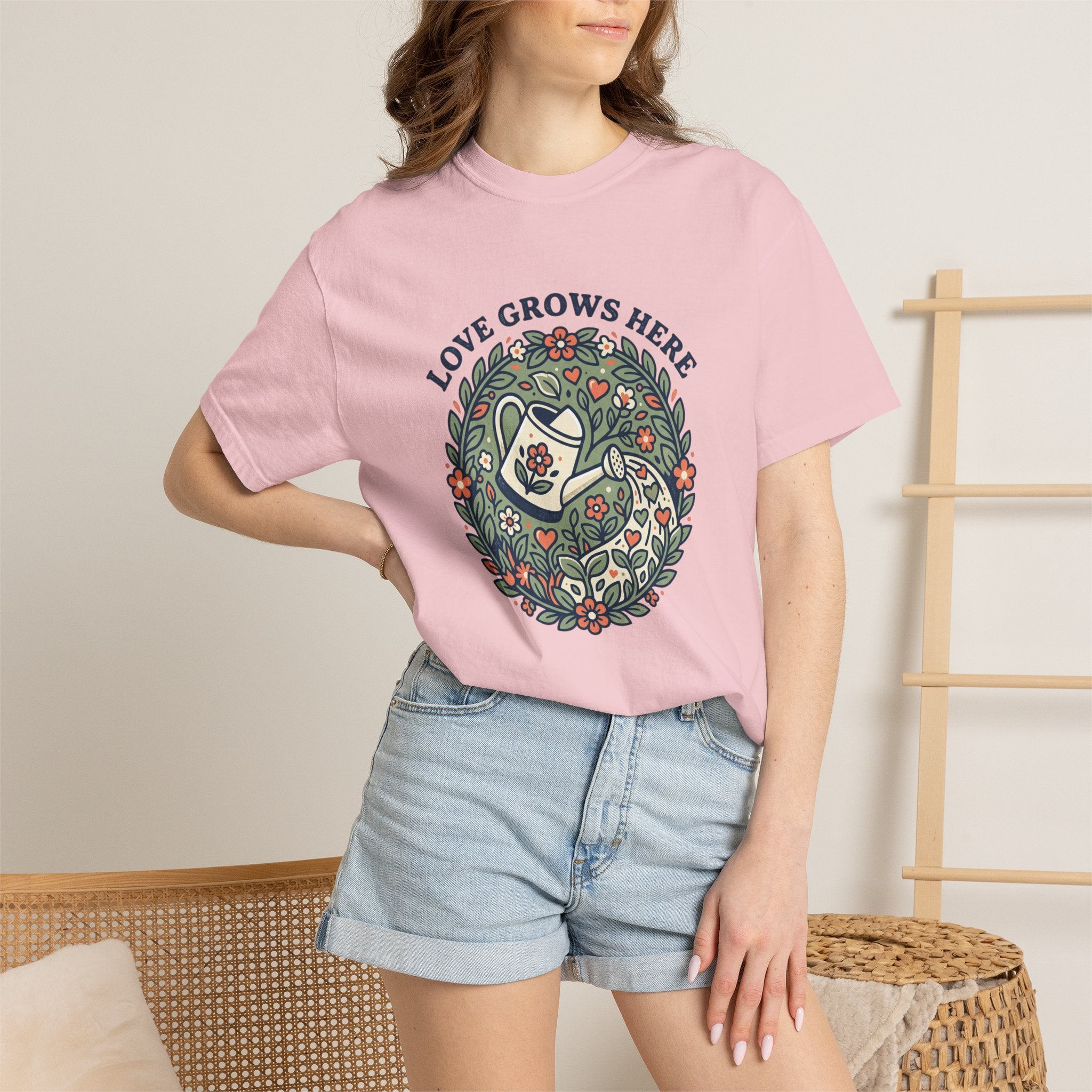 Love Grows Here T‑Shirt — Floral Garden Heart & Watering Can Tee
