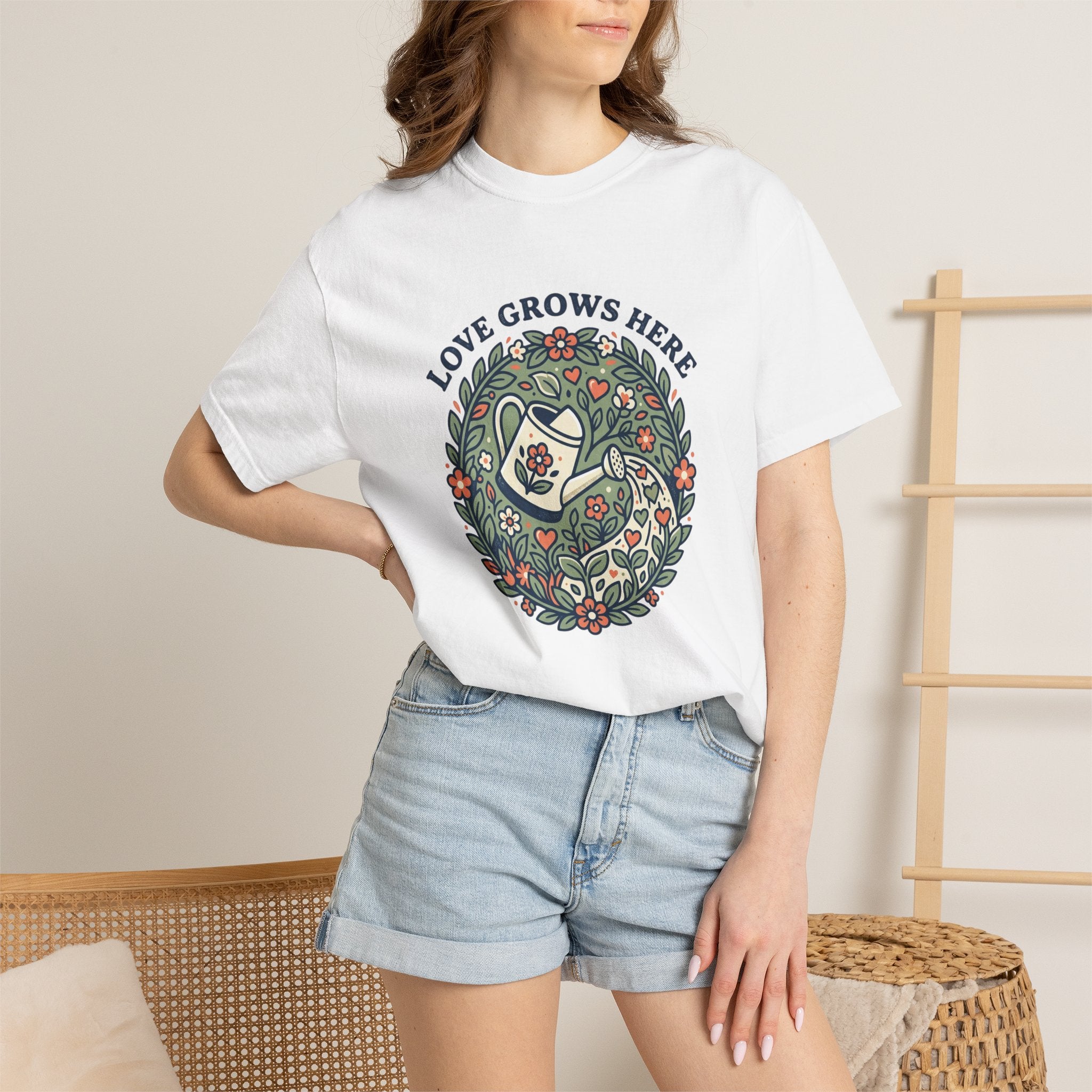 Love Grows Here T‑Shirt — Floral Garden Heart & Watering Can Tee