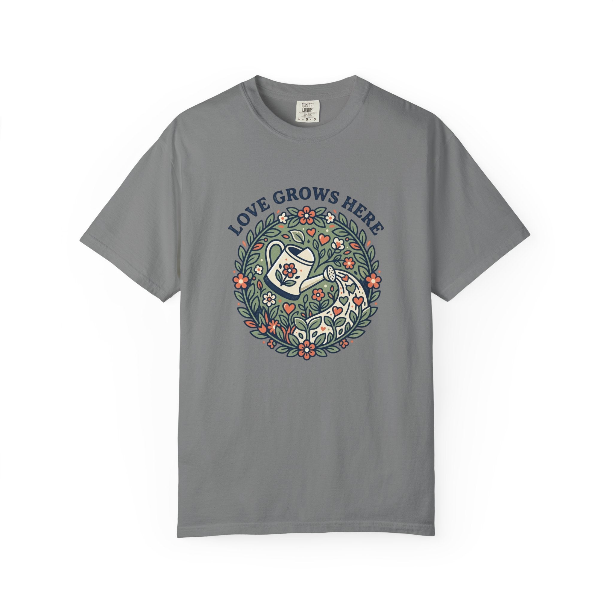 Love Grows Here T‑Shirt — Floral Garden Heart & Watering Can Tee