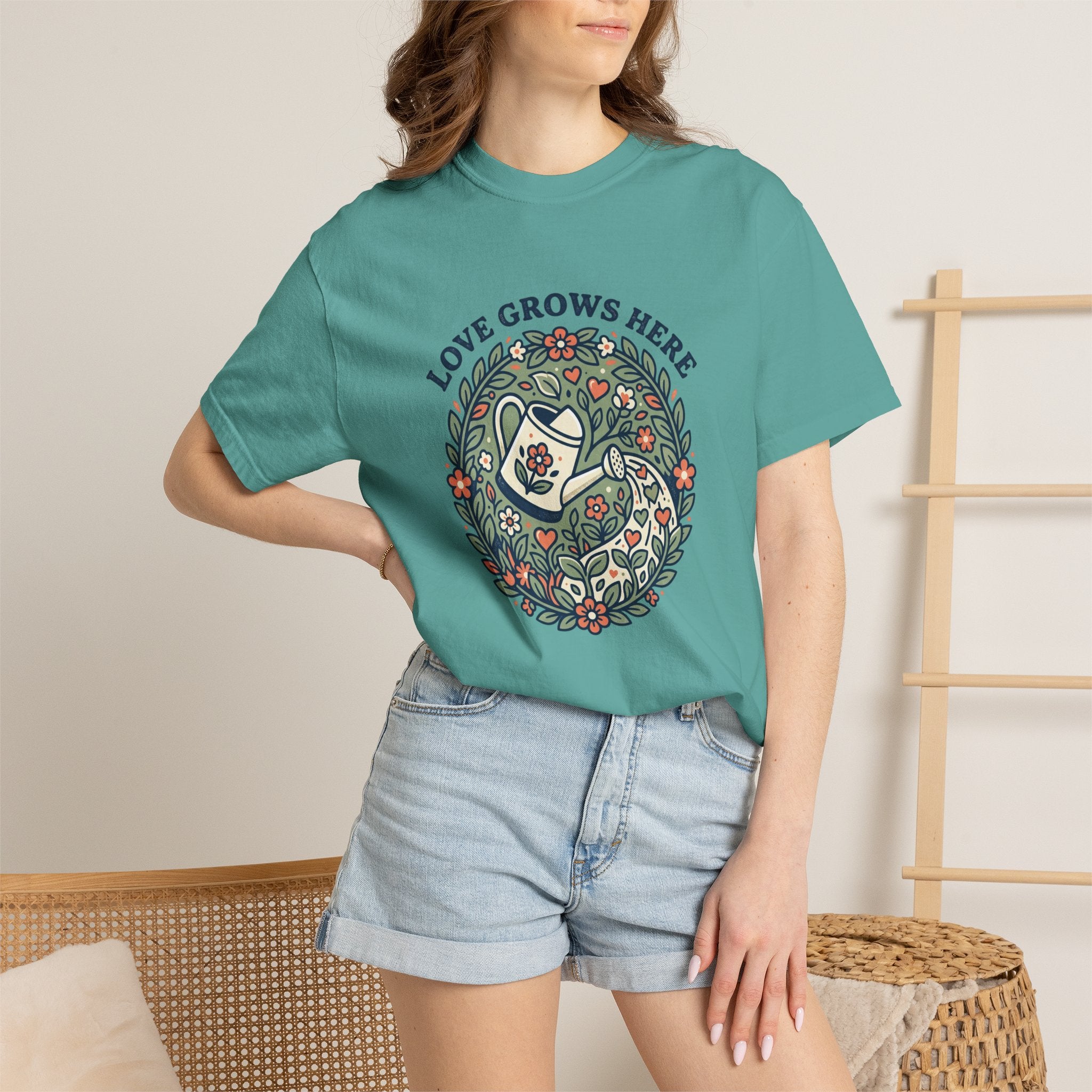Love Grows Here T‑Shirt — Floral Garden Heart & Watering Can Tee