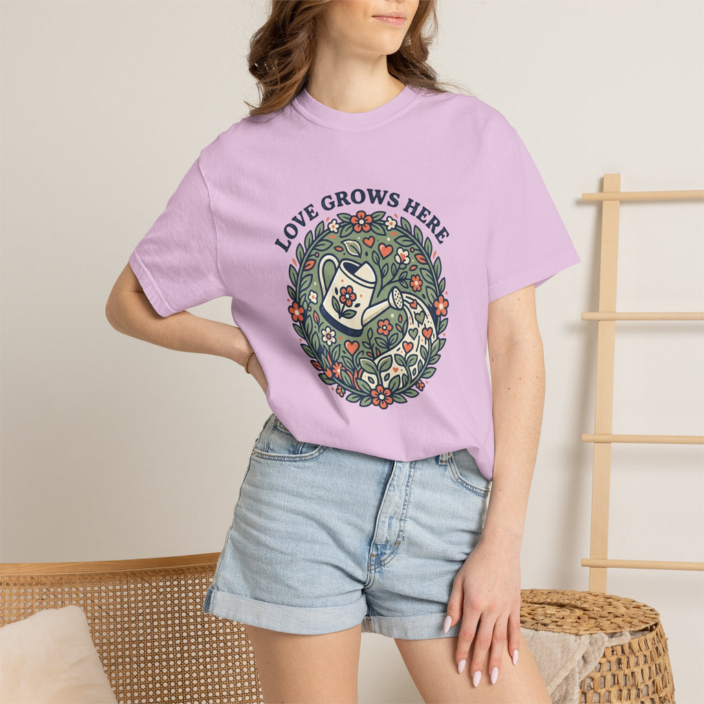 Love Grows Here T‑Shirt — Floral Garden Heart & Watering Can Tee