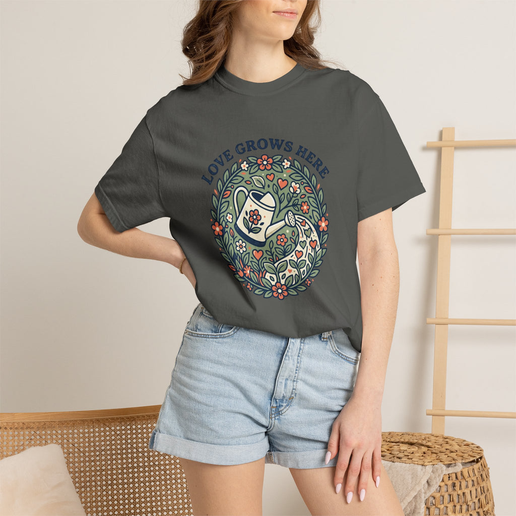 Love Grows Here T‑Shirt — Floral Garden Heart & Watering Can Tee