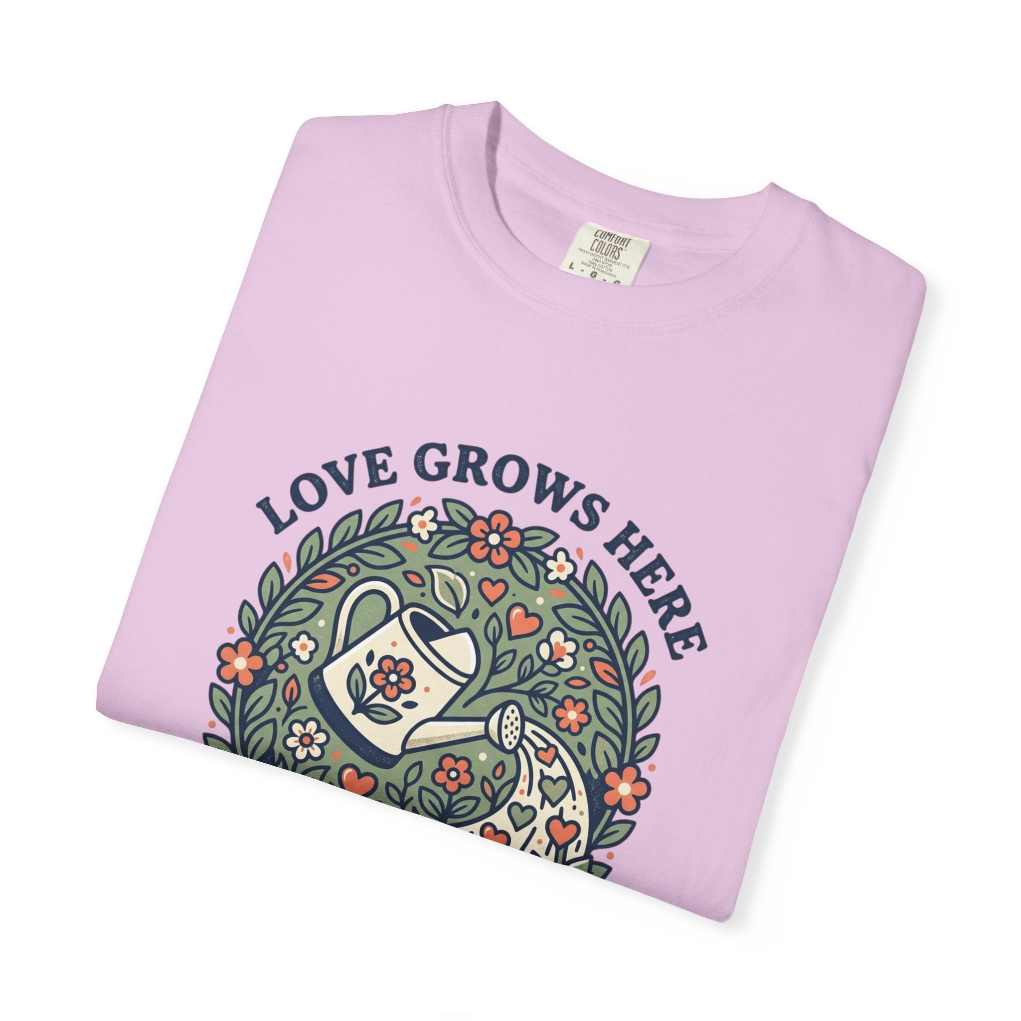 Love Grows Here T‑Shirt — Floral Garden Heart & Watering Can Tee