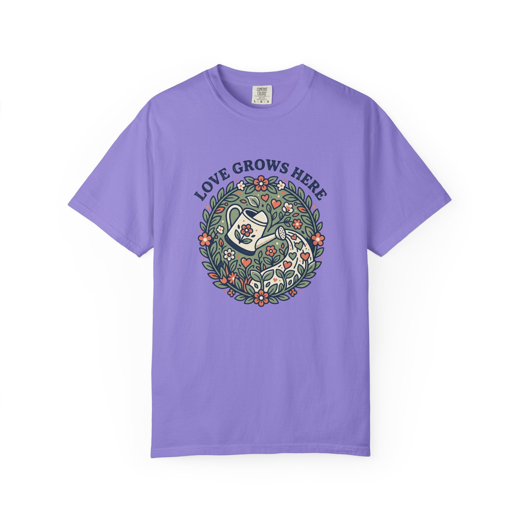 Love Grows Here T‑Shirt — Floral Garden Heart & Watering Can Tee