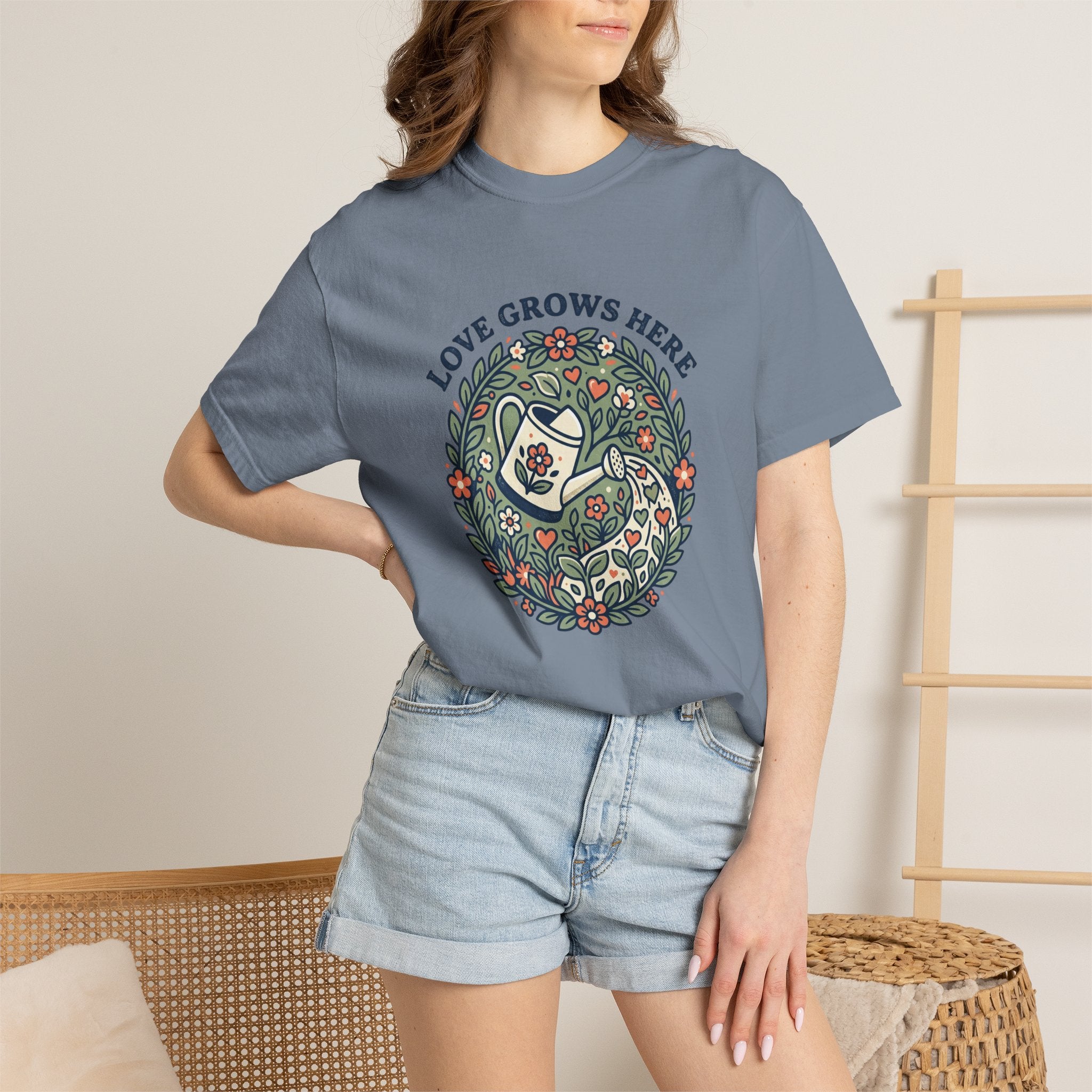 Love Grows Here T‑Shirt — Floral Garden Heart & Watering Can Tee