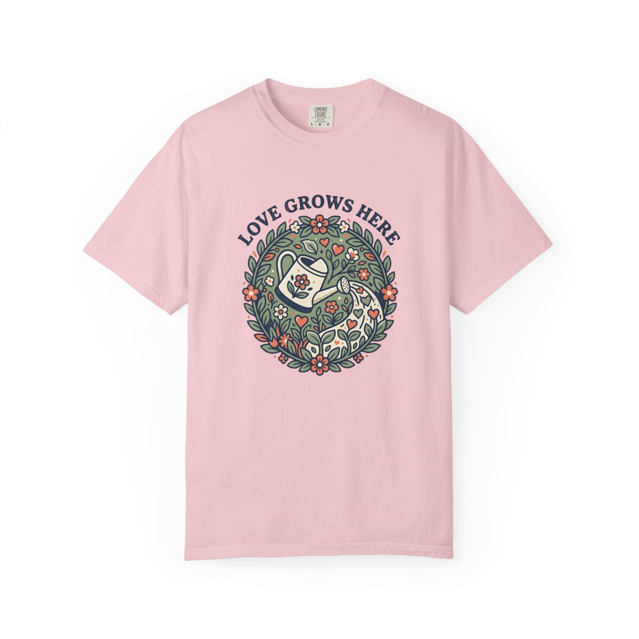 Love Grows Here T‑Shirt — Floral Garden Heart & Watering Can Tee