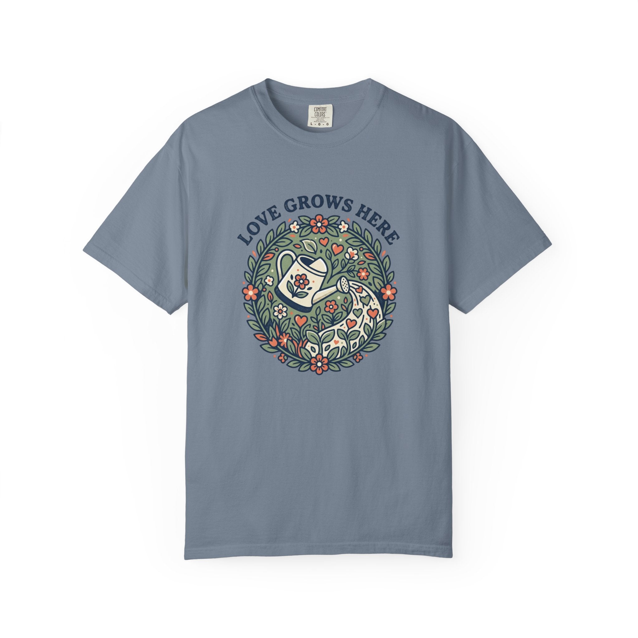 Love Grows Here T‑Shirt — Floral Garden Heart & Watering Can Tee