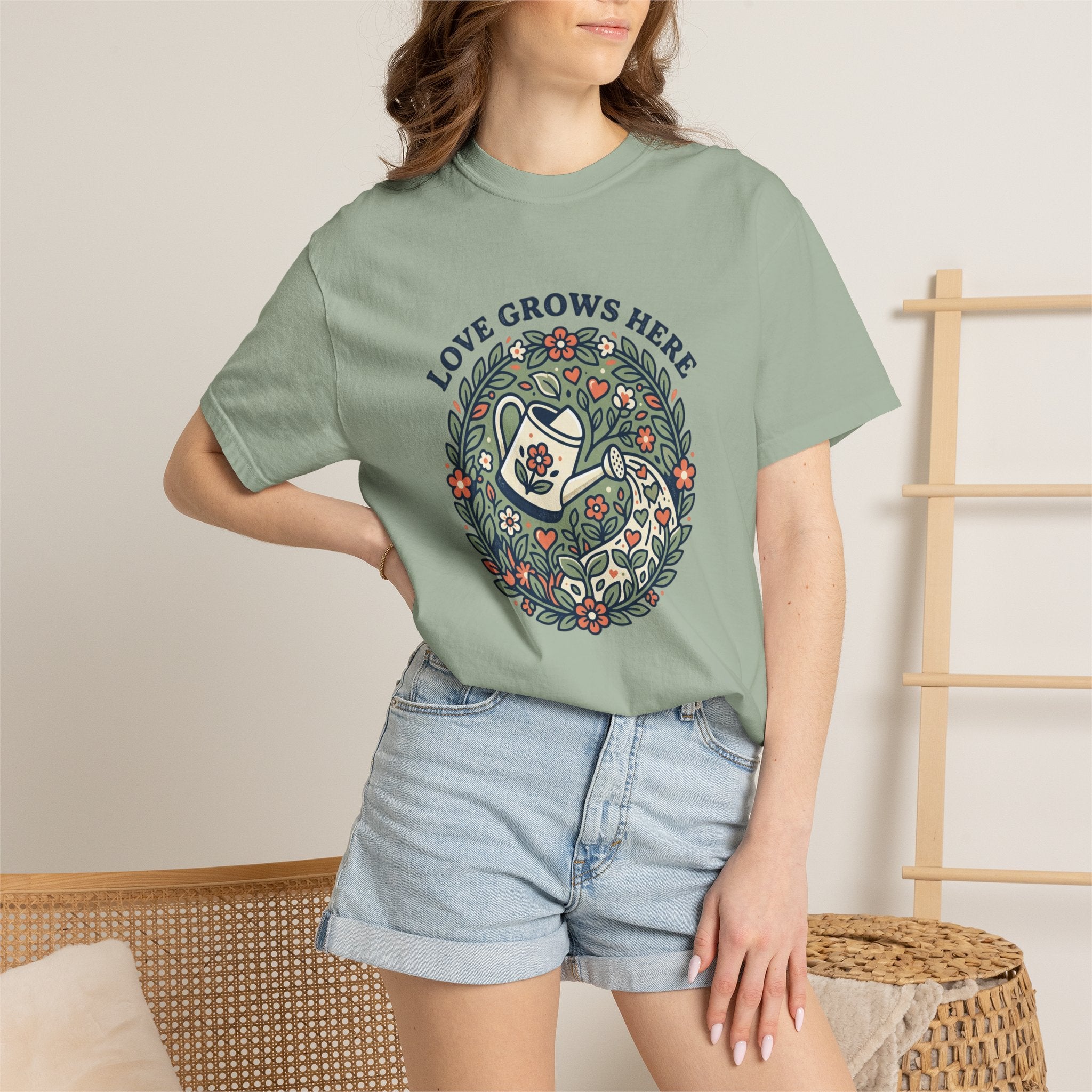Love Grows Here T‑Shirt — Floral Garden Heart & Watering Can Tee