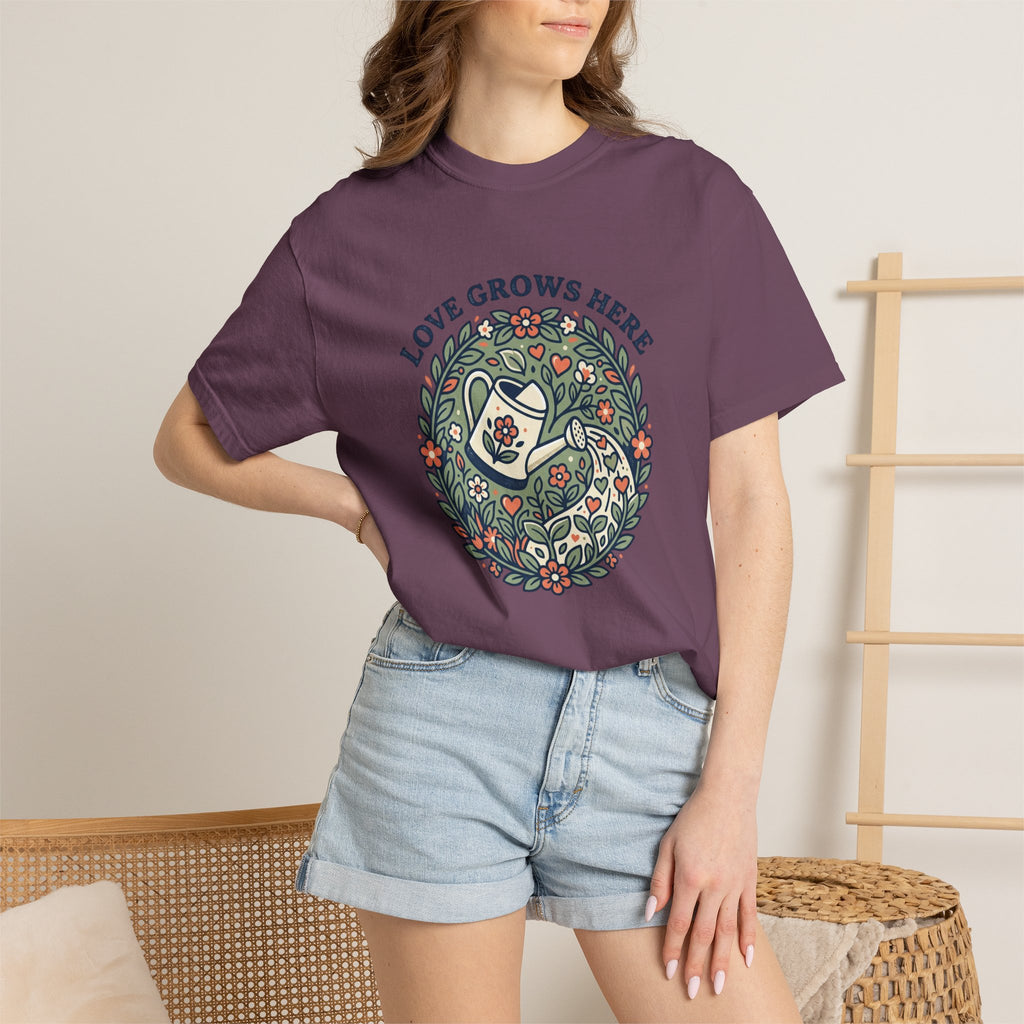 Love Grows Here T‑Shirt — Floral Garden Heart & Watering Can Tee