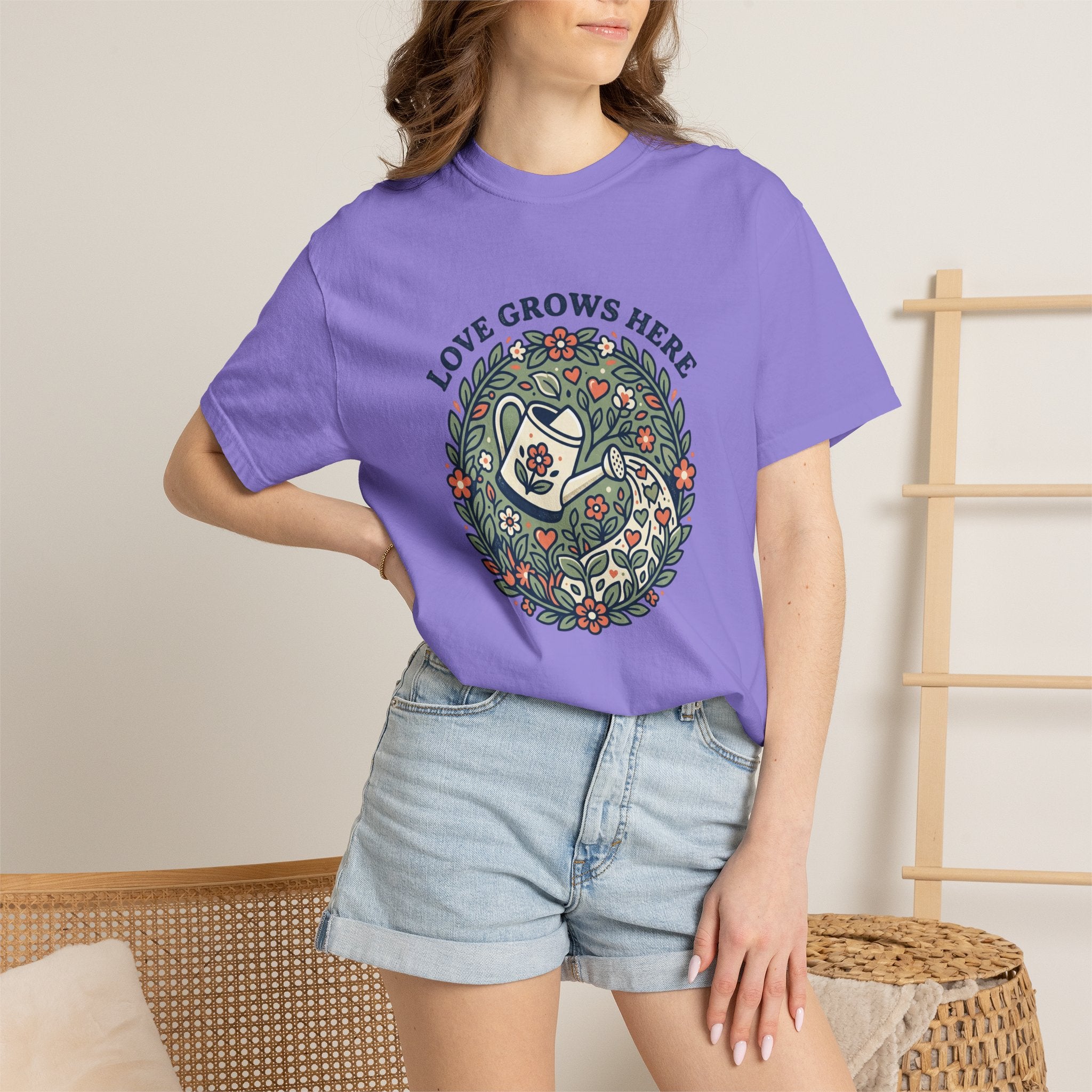 Love Grows Here T‑Shirt — Floral Garden Heart & Watering Can Tee
