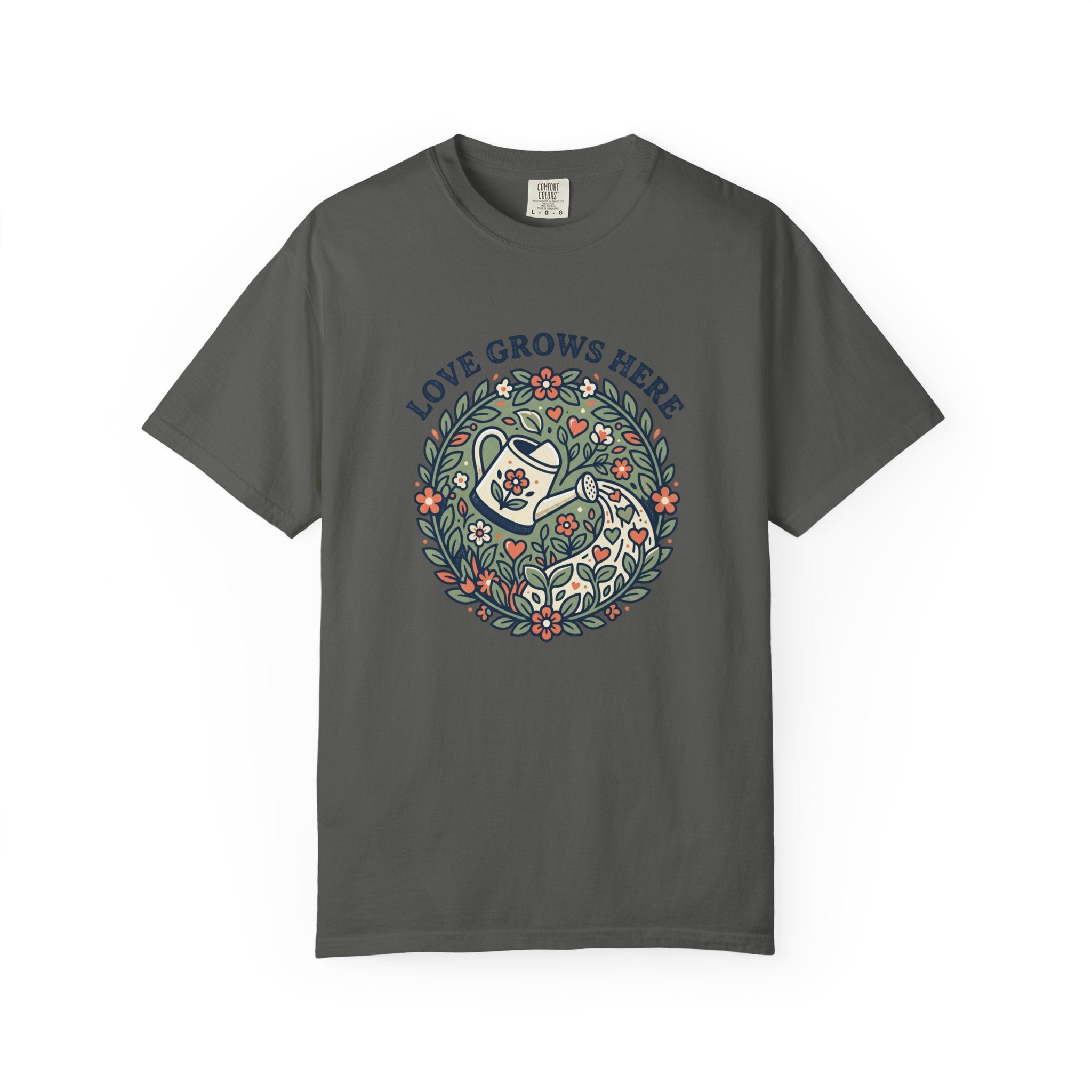 Love Grows Here T‑Shirt — Floral Garden Heart & Watering Can Tee