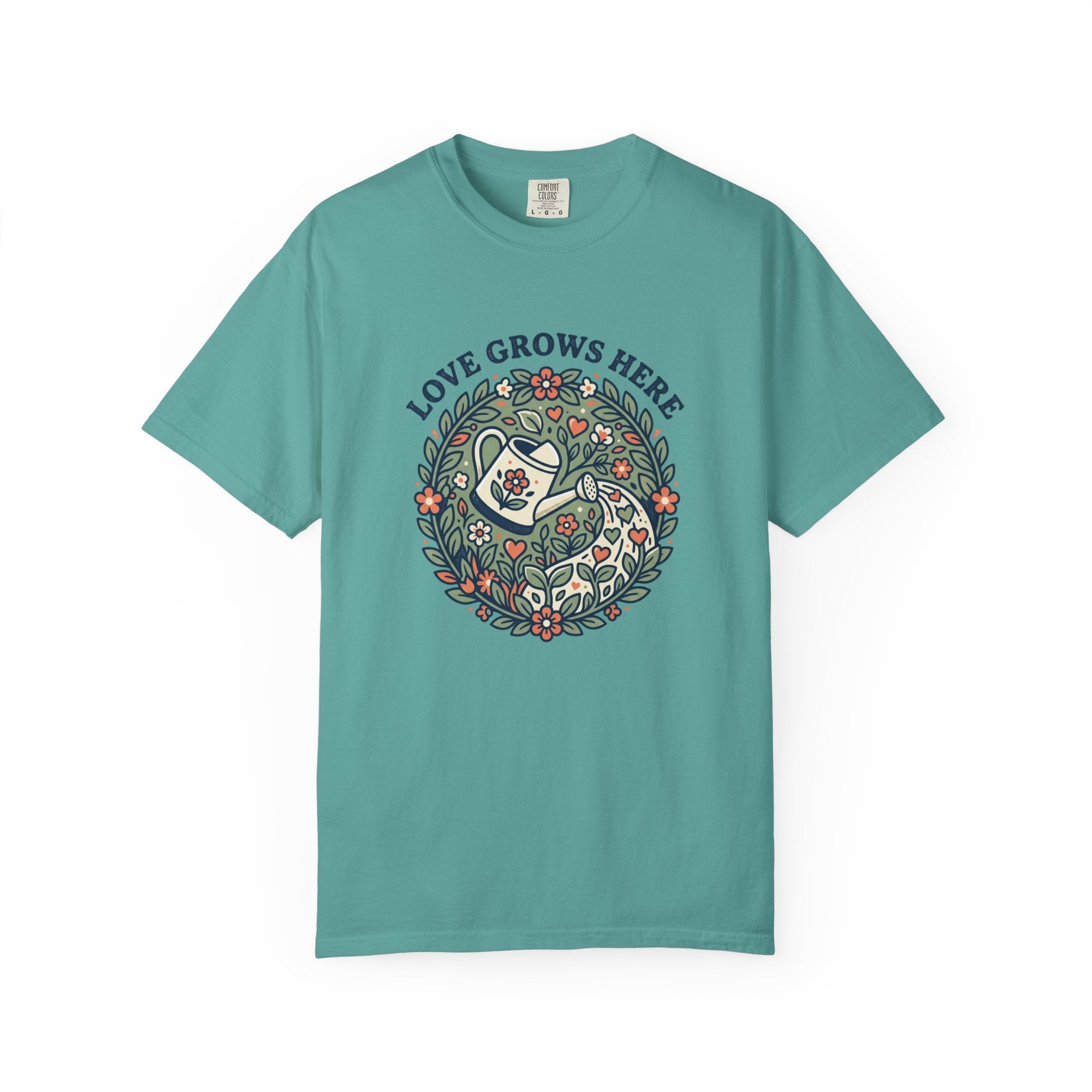 Love Grows Here T‑Shirt — Floral Garden Heart & Watering Can Tee