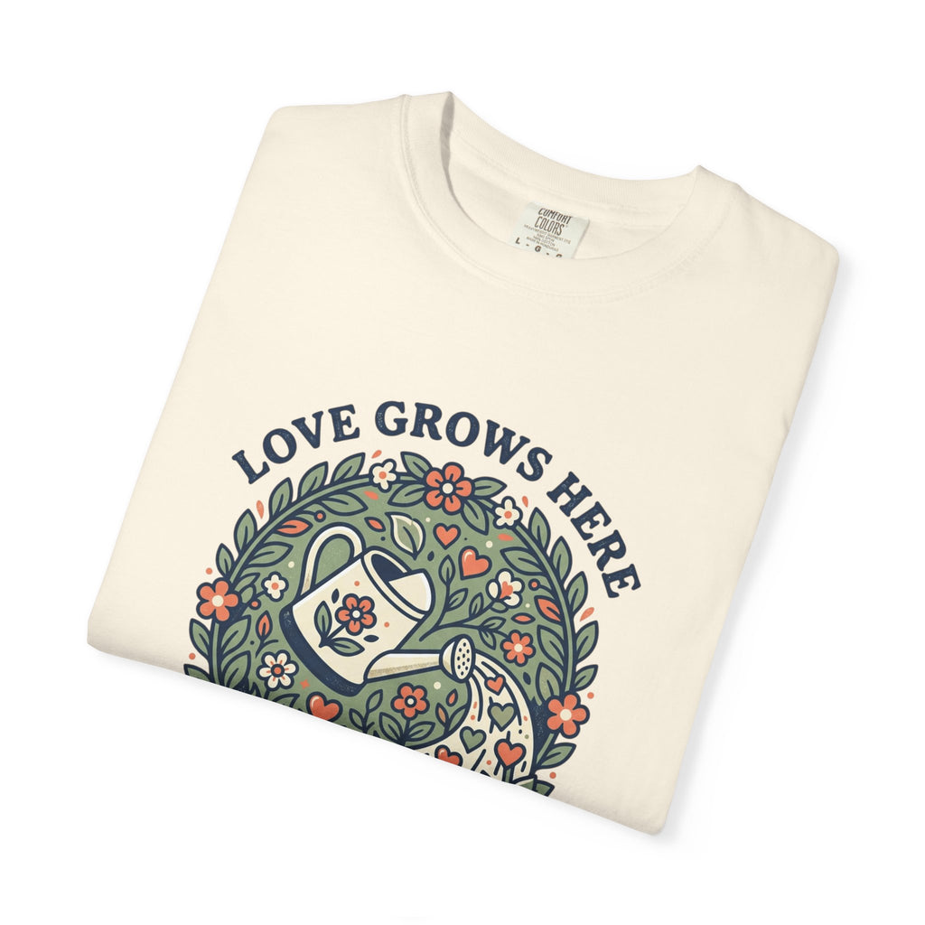Love Grows Here T‑Shirt — Floral Garden Heart & Watering Can Tee