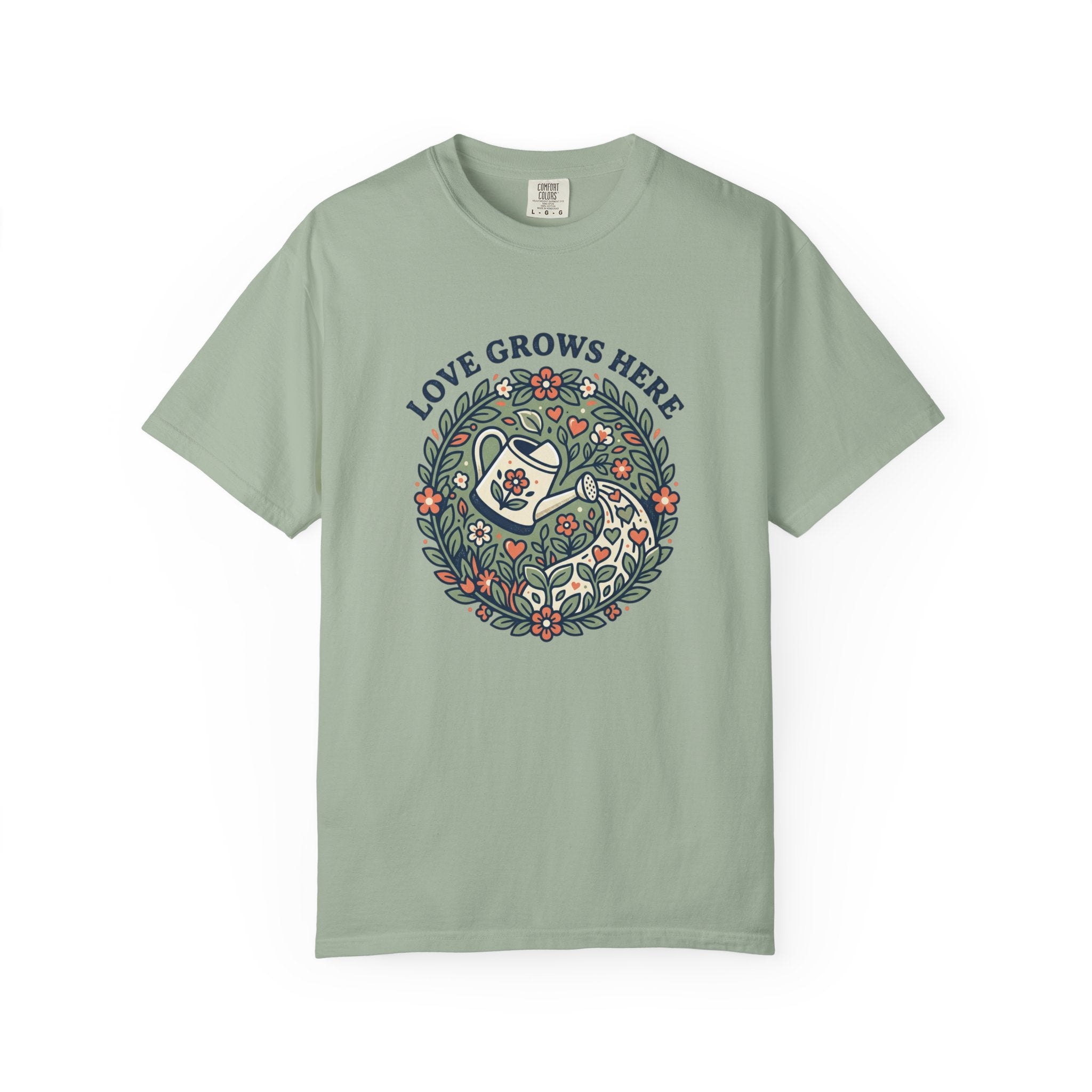 Love Grows Here T‑Shirt — Floral Garden Heart & Watering Can Tee