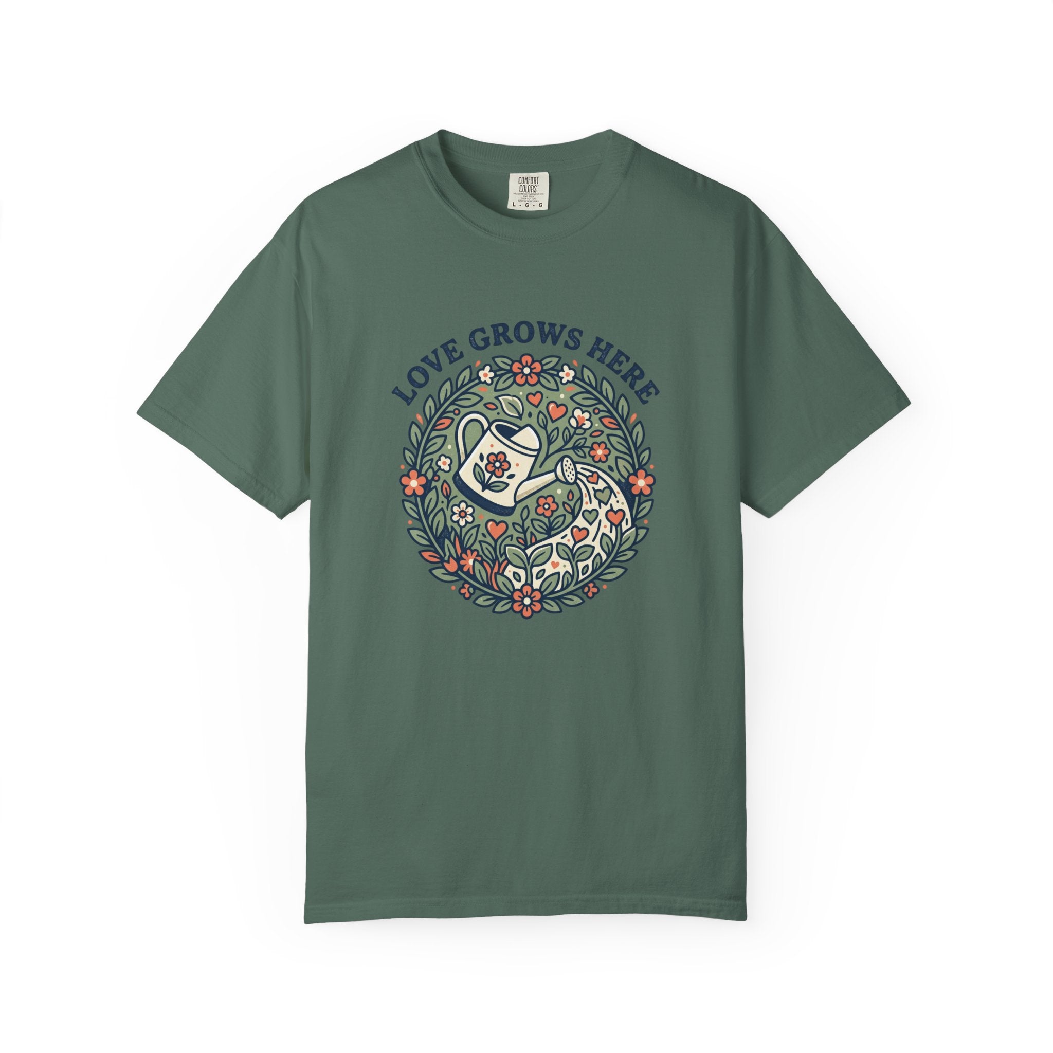 Love Grows Here T‑Shirt — Floral Garden Heart & Watering Can Tee