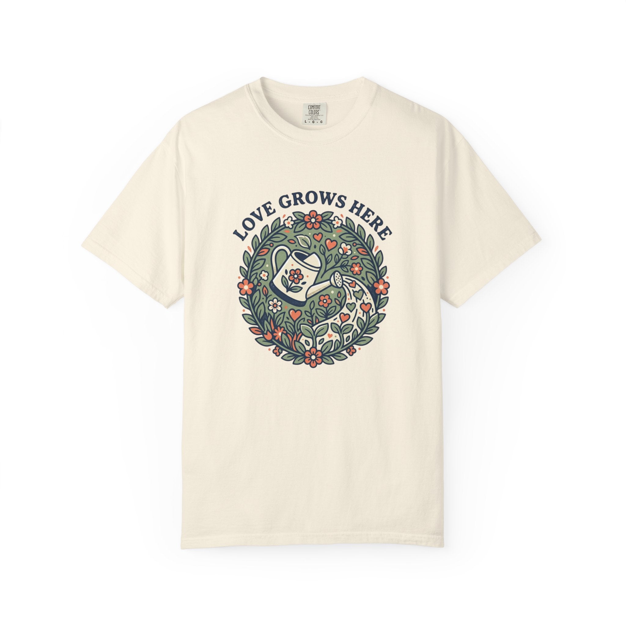 Love Grows Here T‑Shirt — Floral Garden Heart & Watering Can Tee